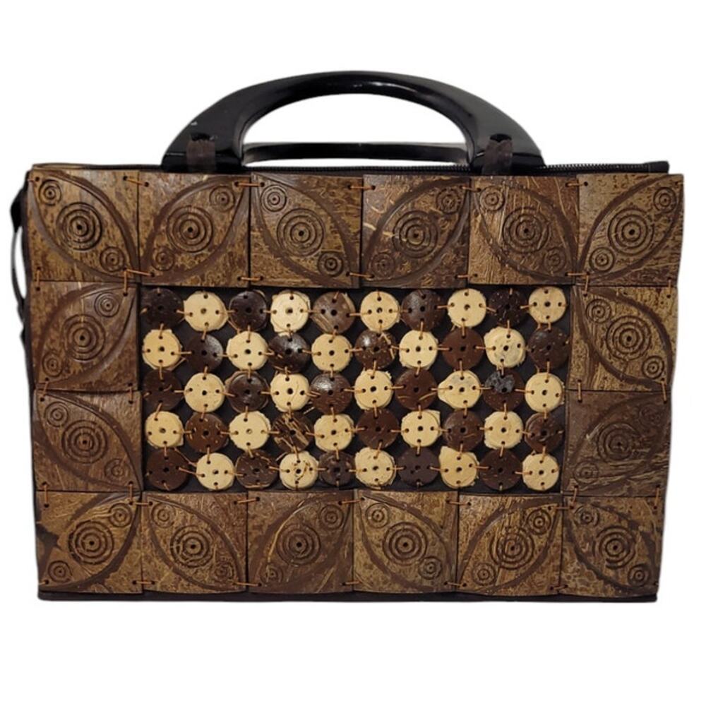 Handmade Carved Coconut Woven Tile Purse/Bag Notebook Carrier